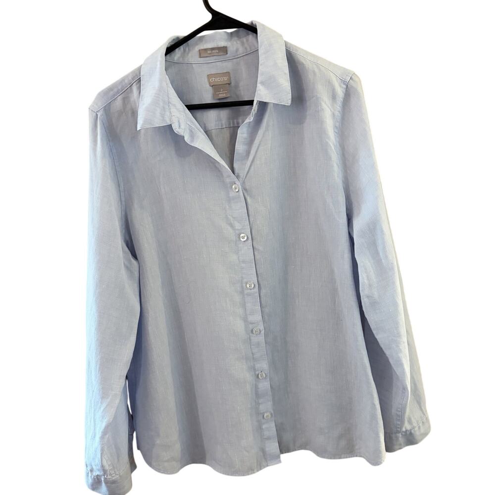 Chicos No Iron 100% Linen Blouse 12/14 Light Blue Roll Tab Sleeve Beach Resort